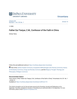 Father Gui Tianjue, C.M., Confessor of the Faith in China
