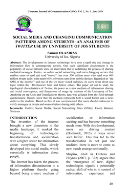 Social Media and Changing Communication Patterns Among Students: an Analysis of Twitter Use by University of Jos Students