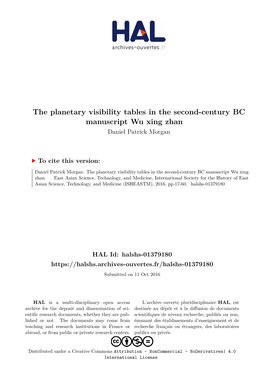 The Planetary Visibility Tables in the Second-Century BC Manuscript Wu Xing Zhan ￿￿￿ Daniel Patrick Morgan