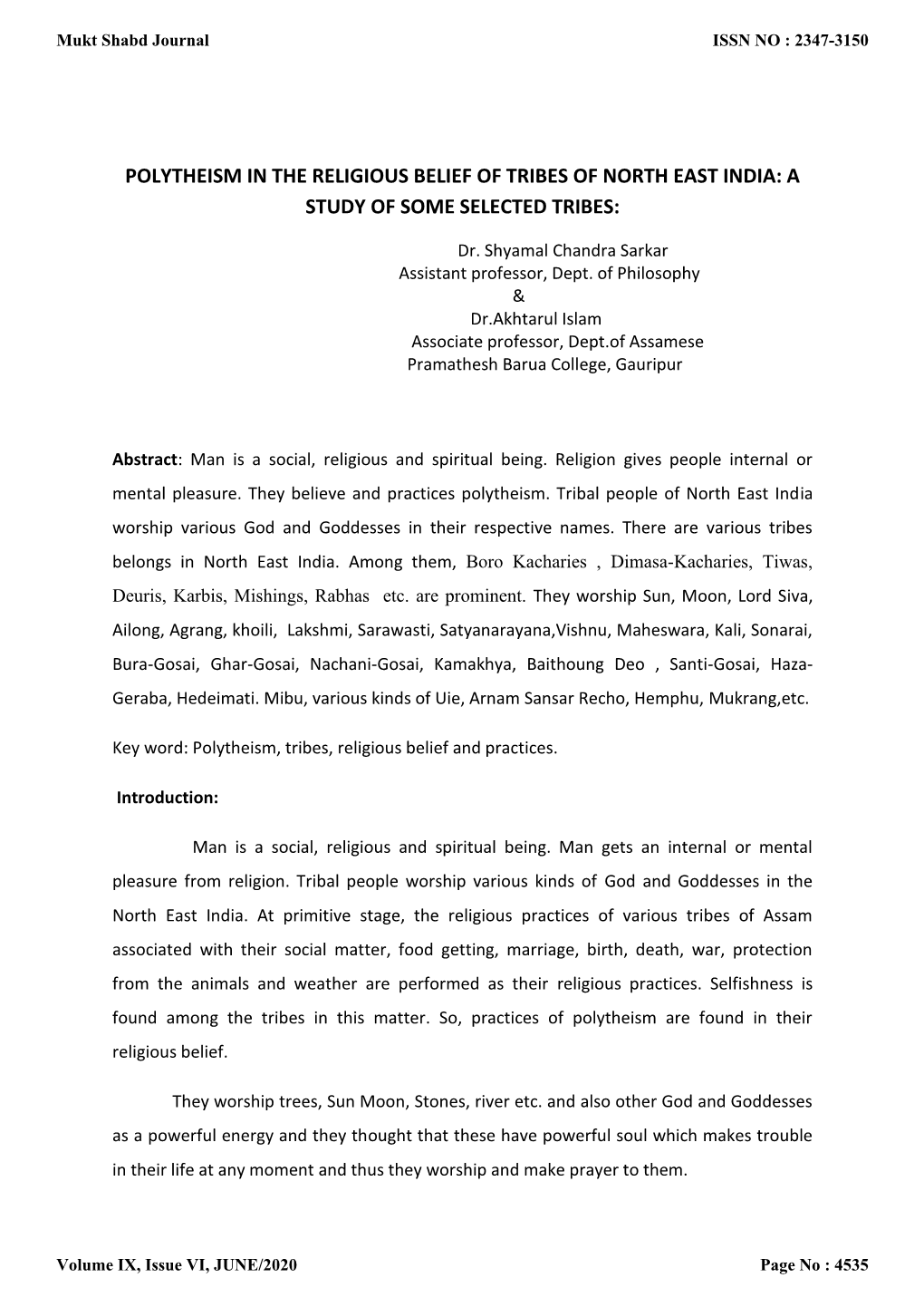 Polytheism in the Religious Belief of Tribes of North East India: a Study of Some Selected Tribes