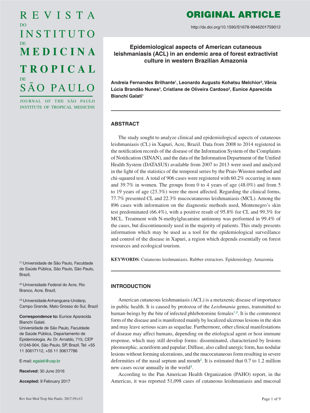 Epidemiological Aspects of American Cutaneous Leishmaniasis (ACL) in an Endemic Area of Forest Extractivist Culture in Western Brazilian Amazonia