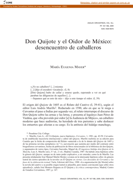 Don Quijote Y El Oidor De México: Desencuentro De Caballeros