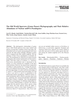 The Old World Sparrows (Genus Passer) Phylogeography and Their Relative Abundance of Nuclear Mtdna Pseudogenes