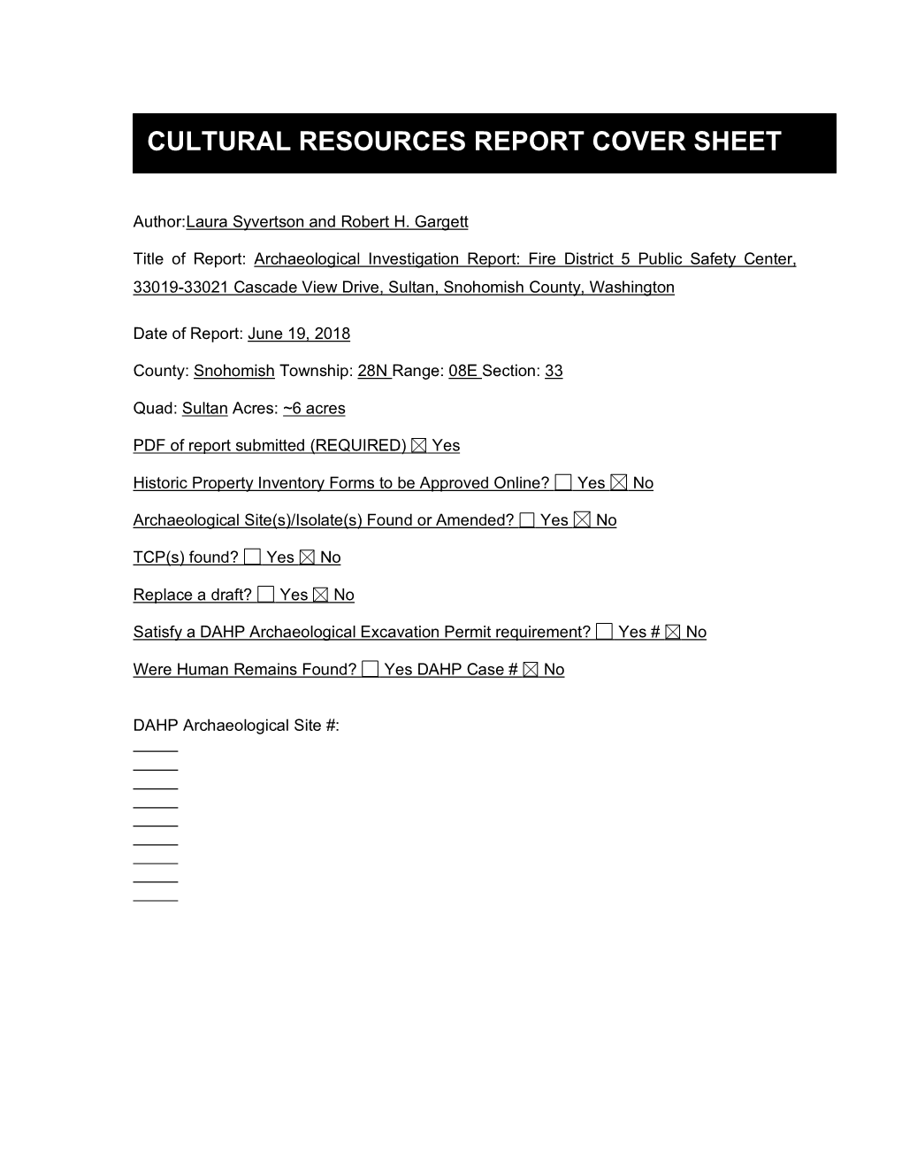 Cultural Resources Report Cover Sheet