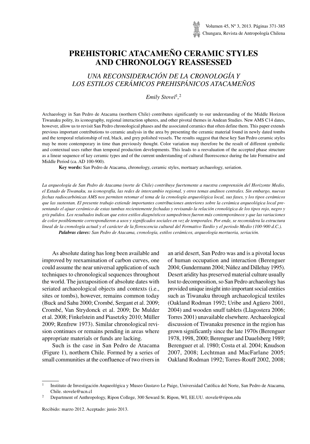 Prehistoric Atacameño Ceramic Styles and Chronology Reassessed Una Reconsideración De La Cronología Y Los Estilos Cerámicos Prehispánicos Atacameños