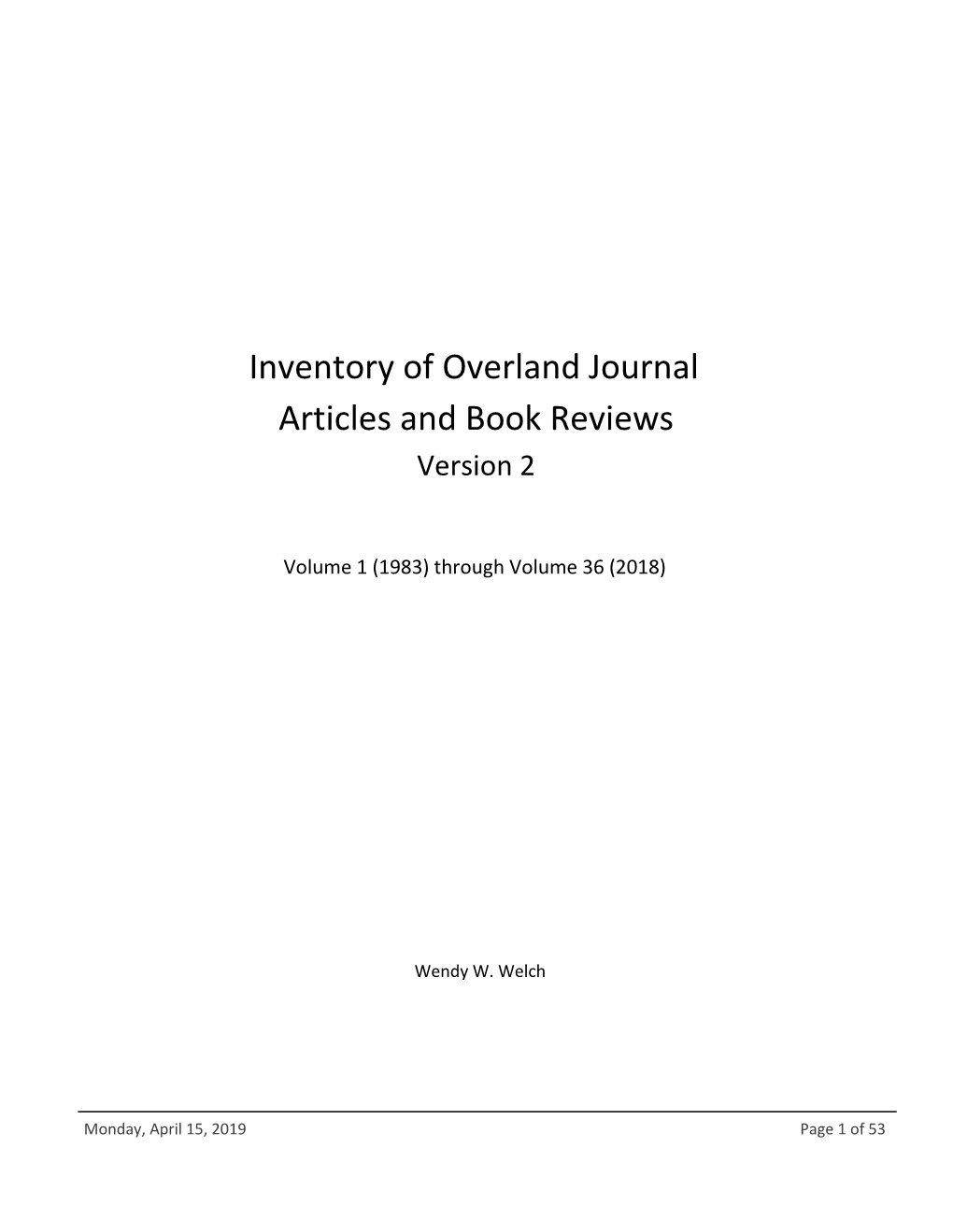 Inventory of Overland Journal Articles and Book Reviews Version 2