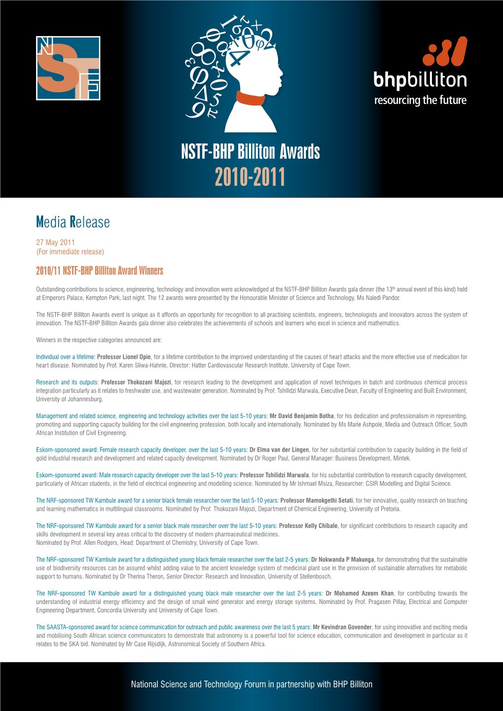 Winners of the 2010/2011 NSTF-BHP Billiton Awards