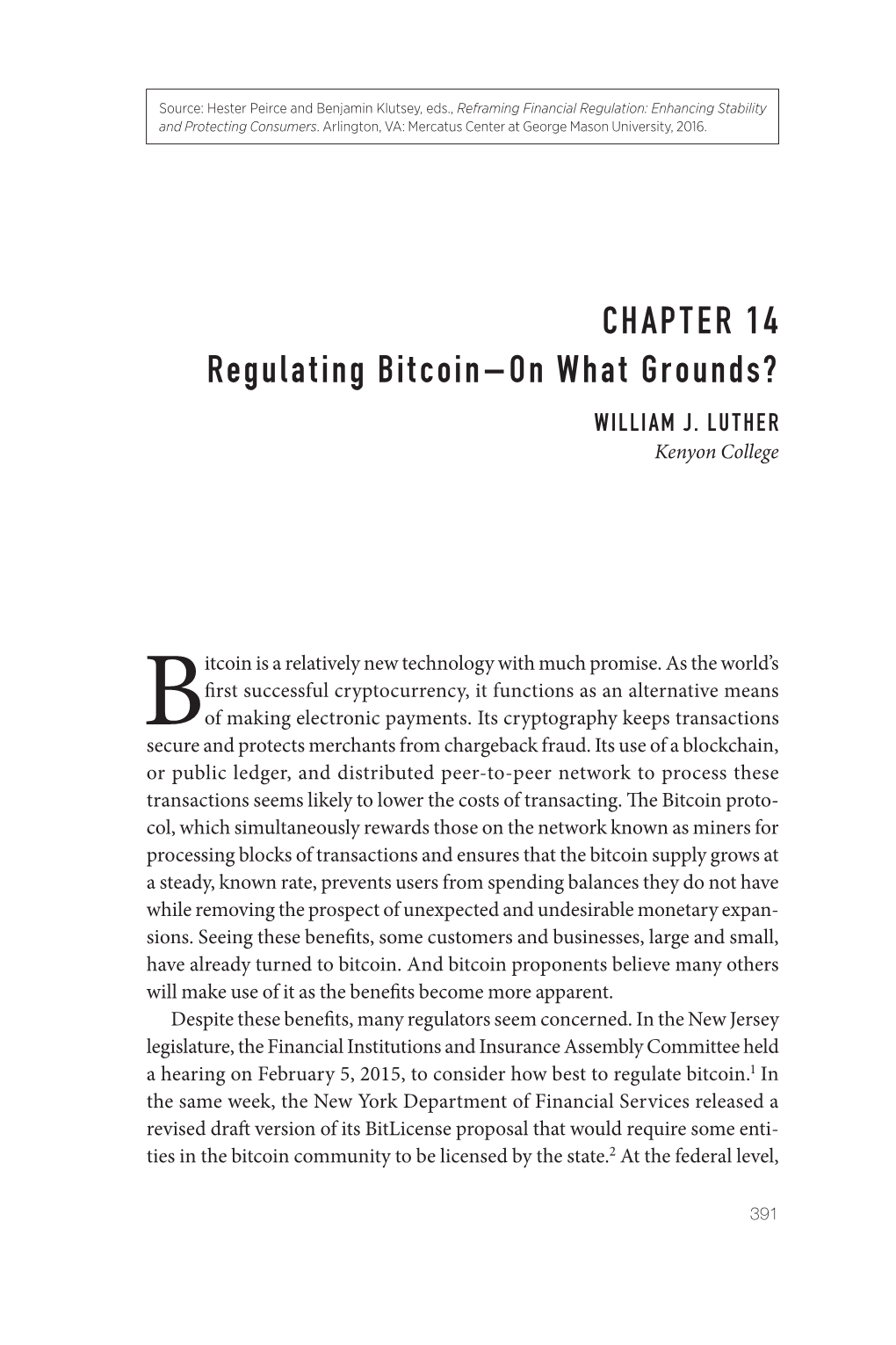 CHAPTER 14 Regulating Bitcoin— on What Grounds?