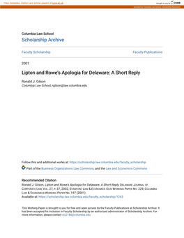 Lipton and Rowe's Apologia for Delaware: a Short Reply
