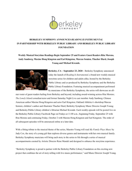Berkeley Symphony Announces Reading Is Instrumental in Partnership with Berkeley Public Library and Berkeley Public Library Foundation