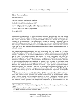 Edwin Carawan (Editor): the Attic Orators (Oxford Readings in Classical Studies) Oxford: Oxford University Press, 2007 Xxiv + 45
