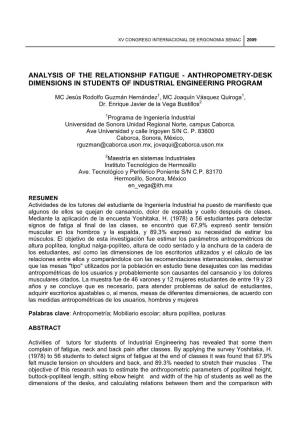 Analysis of the Relationship Fatigue - Anthropometry-Desk Dimensions in Students of Industrial Engineering Program