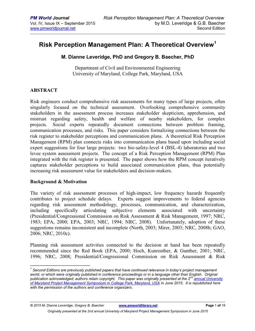 Risk Perception Management Plan: a Theoretical Overview Vol