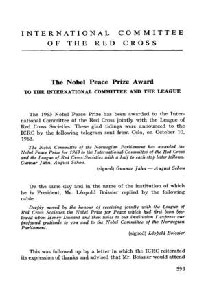 The Nobel Peace Prize Award to the INTERNATIONAL COMMITTEE and the LEAGUE
