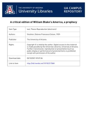 A Critical Edition of William Blake"S America; a Prophecy