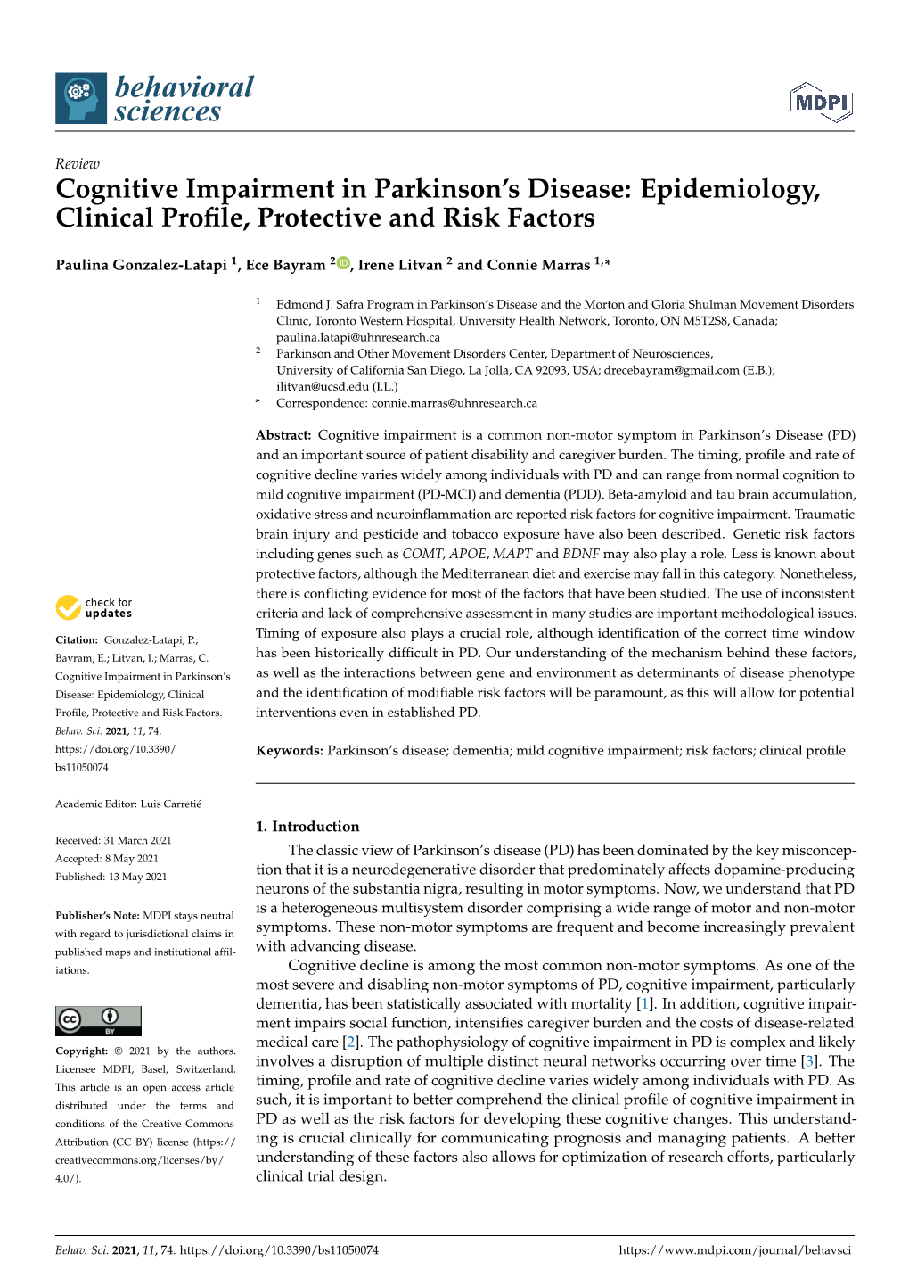 Cognitive Impairment in Parkinson's Disease