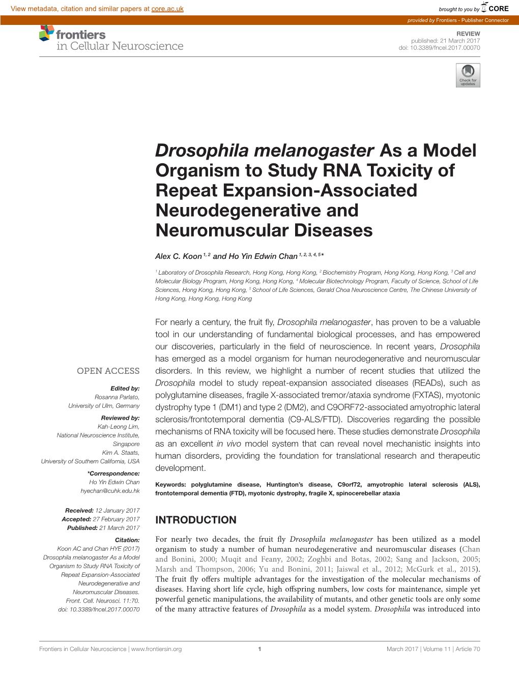 Drosophila Melanogaster As a Model Organism to Study RNA Toxicity of Repeat Expansion-Associated Neurodegenerative and Neuromuscular Diseases