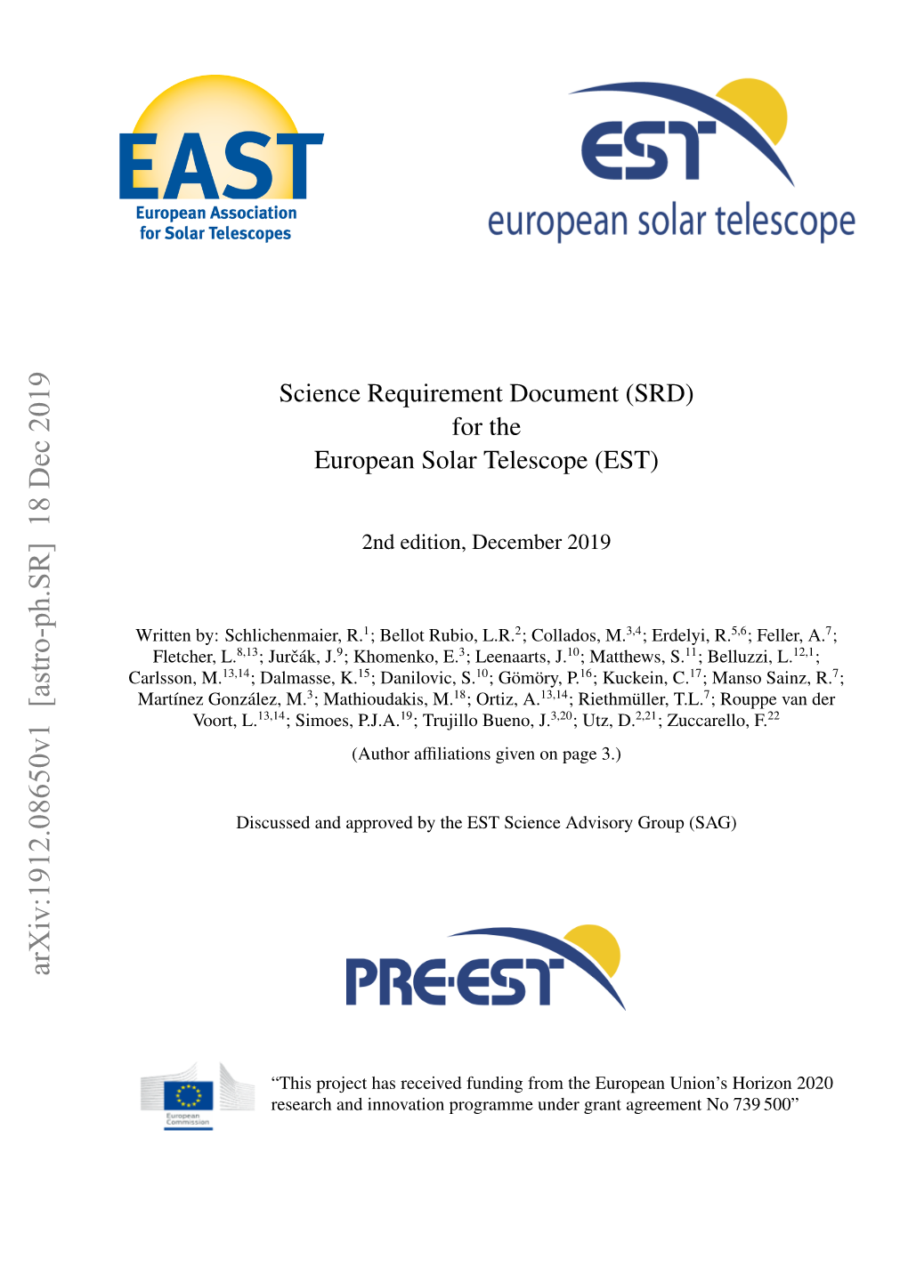 Science Requirement Document (SRD) for the European Solar Telescope (EST)