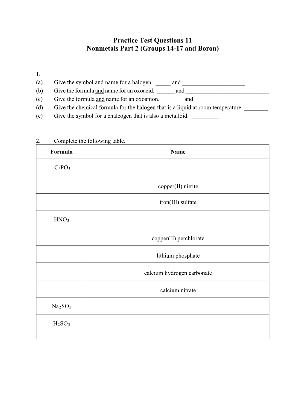 Practice Test Questions 11 Nonmetals Part 2 (Groups 14-17 and Boron)