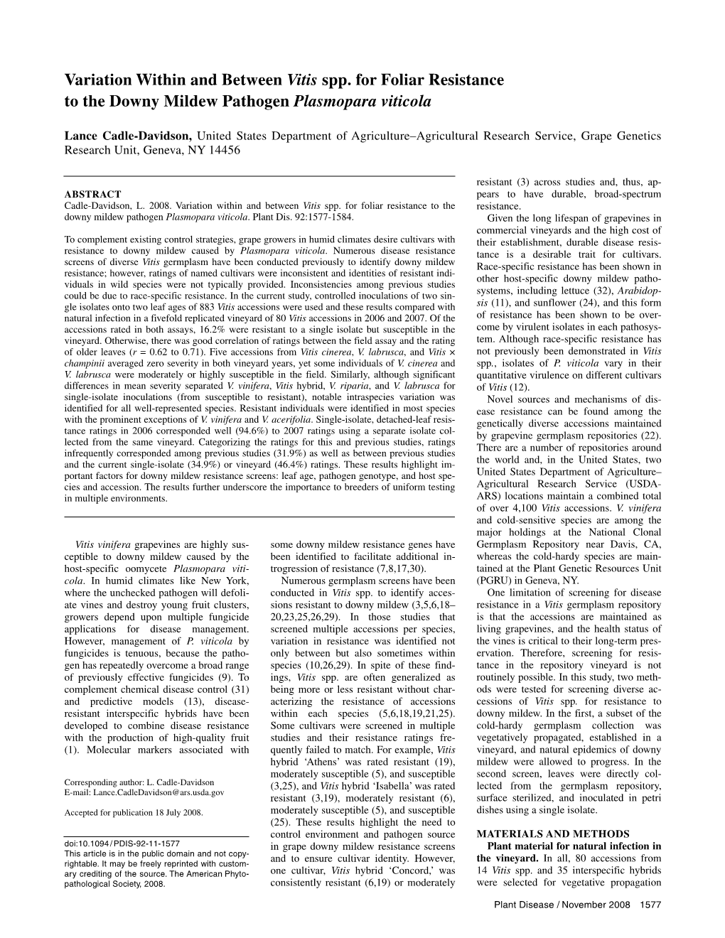 Variation Within and Between Vitis Spp. for Foliar Resistance to the Downy Mildew Pathogen Plasmopara Viticola