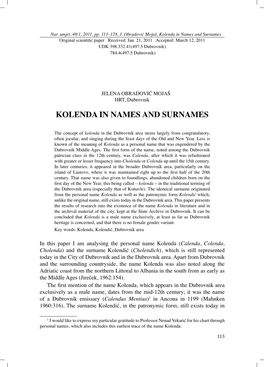 Kolenda in Names and Surnames Original Scienti C Paper Received: Jan