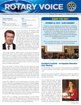 The Rotary Club of Toronto Volume 106 | Issue 11 | October 12, 2018