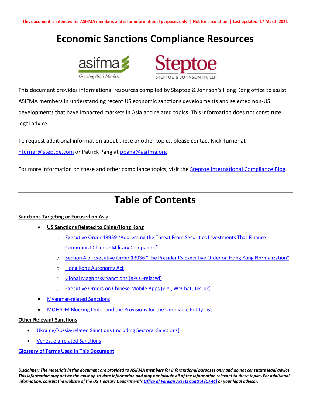 Economic Sanctions Compliance Resources Table of Contents