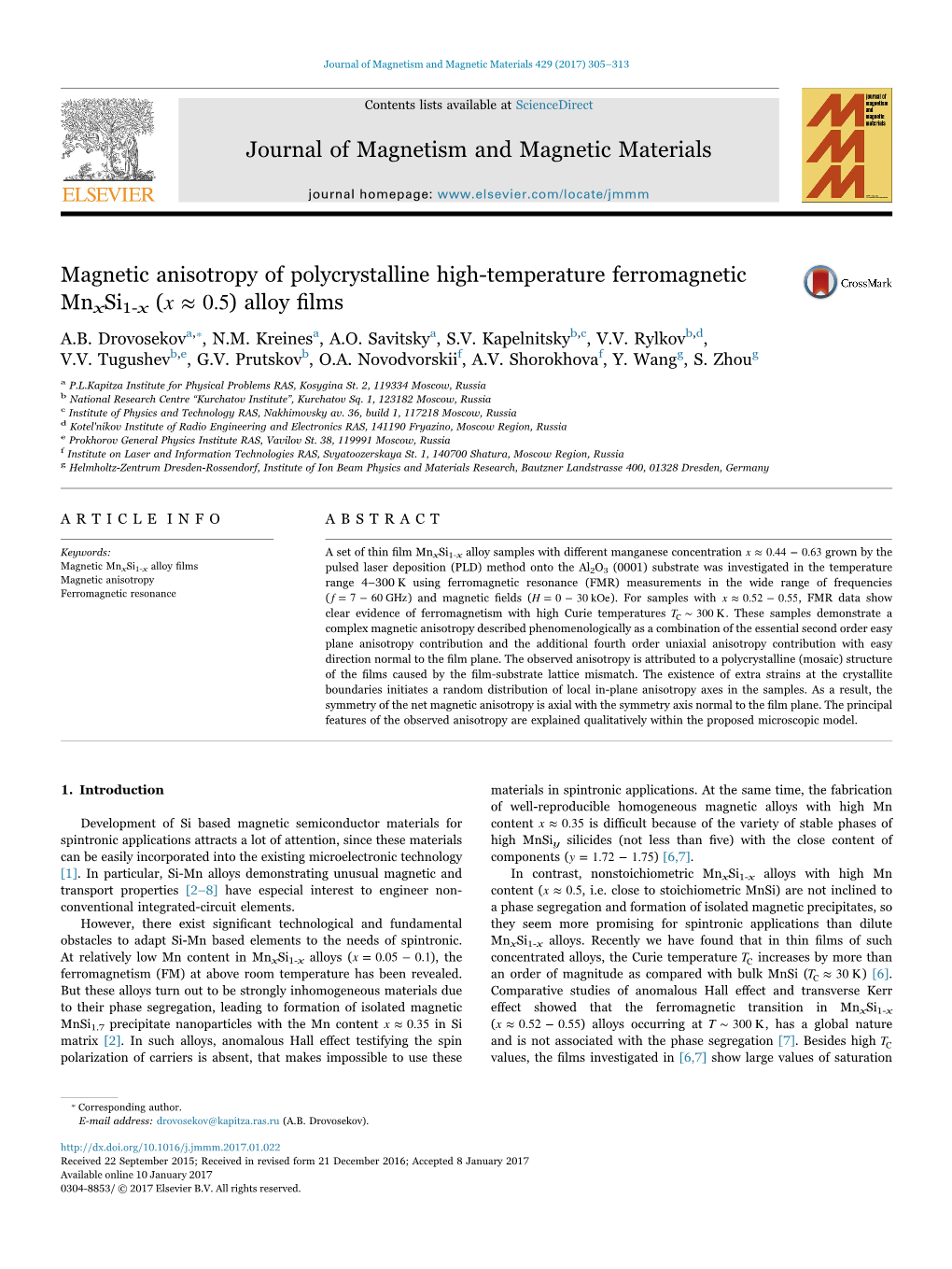 Magnetic Anisotropy of Polycrystalline High-Temperature Ferromagnetic MARK Mnxsi1-X (X ≈0.5) Alloy ﬁlms ⁎ A.B