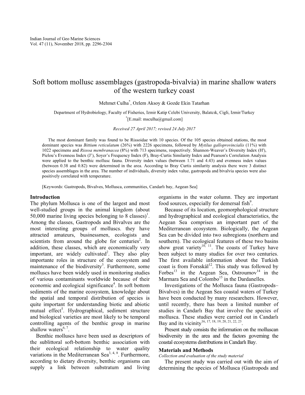 Soft Bottom Mollusc Assemblages (Gastropoda-Bivalvia) in Marine Shallow Waters of the Western Turkey Coast