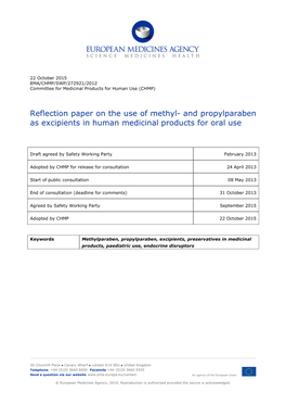 Reflection Paper on the Use of Methyl- and Propylparaben As Excipeints In