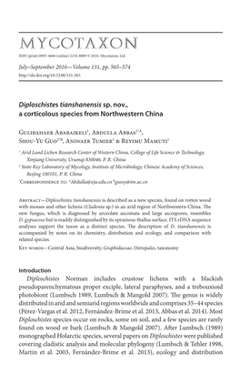 &lt;I&gt;Diploschistes Tianshanensis&lt;/I&gt; Sp. Nov., a Corticolous Species from Northwestern China