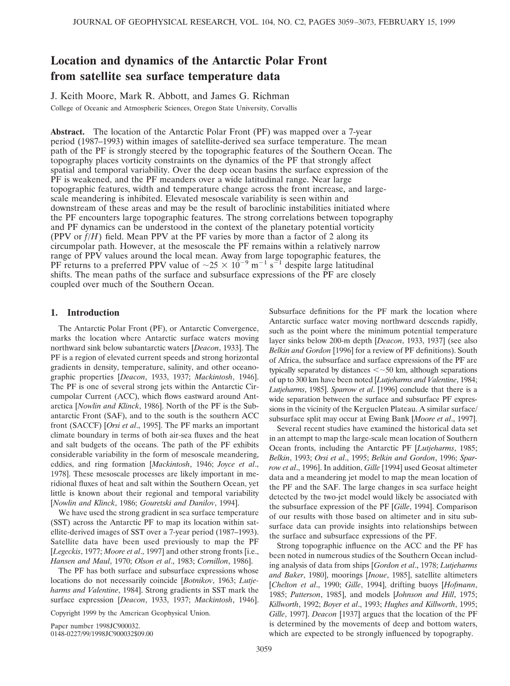 Location and Dynamics of the Antarctic Polar Front from Satellite Sea Surface Temperature Data J