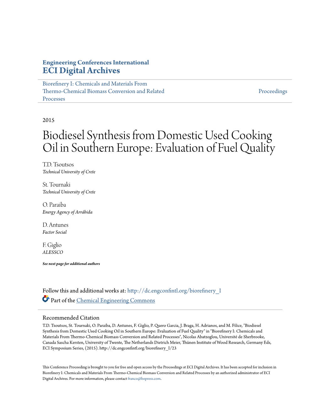 Biodiesel Synthesis from Domestic Used Cooking Oil in Southern Europe: Evaluation of Fuel Quality T.D