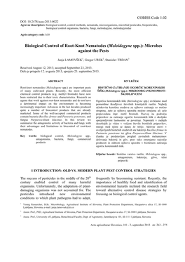 Biological Control of Root-Knot Nematodes (Meloidogyne Spp.): Microbes Against the Pests
