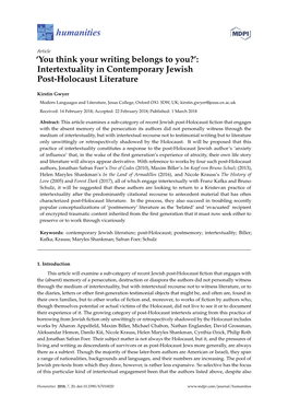 Intertextuality in Contemporary Jewish Post-Holocaust Literature