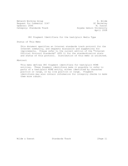 RFC 5147 Text/Plain Fragment Identifiers April 2008
