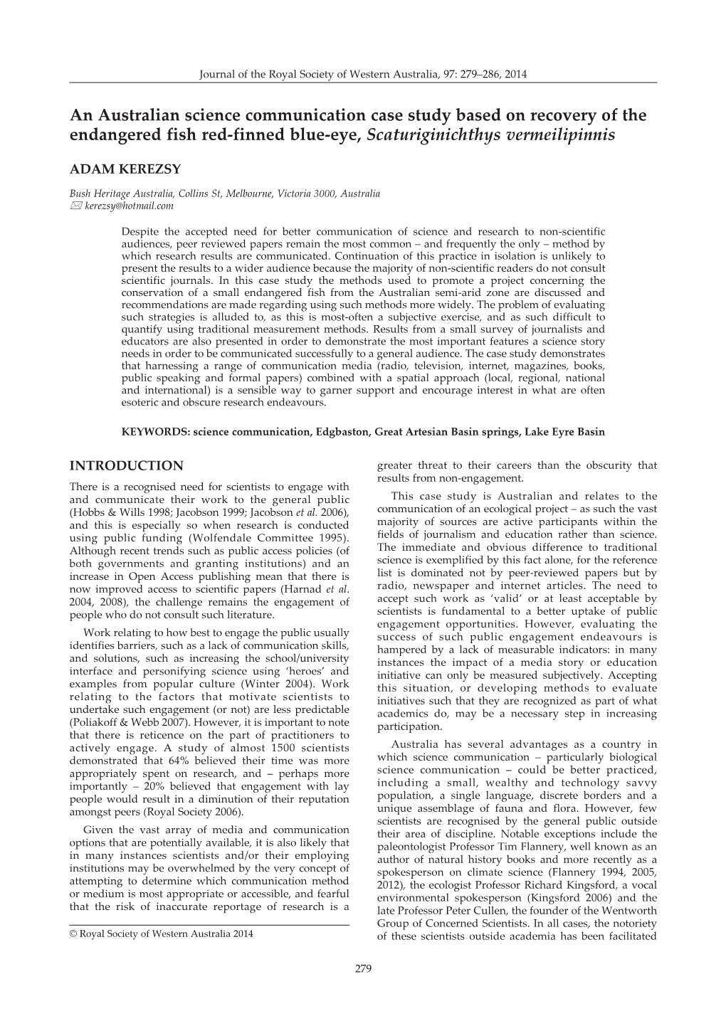 An Australian Science Communication Case Study Based on Recovery of the Endangered Fish Red-Finned Blue-Eye, Scaturiginichthys Vermeilipinnis