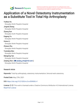 Application of a Novel Osteotomy Instrumentation As a Substitute Tool in Total Hip Arthroplasty