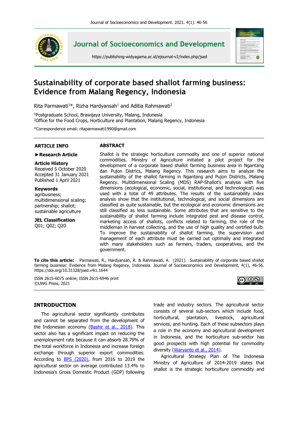 Sustainability of Corporate Based Shallot Farming Business: Evidence from Malang Regency, Indonesia