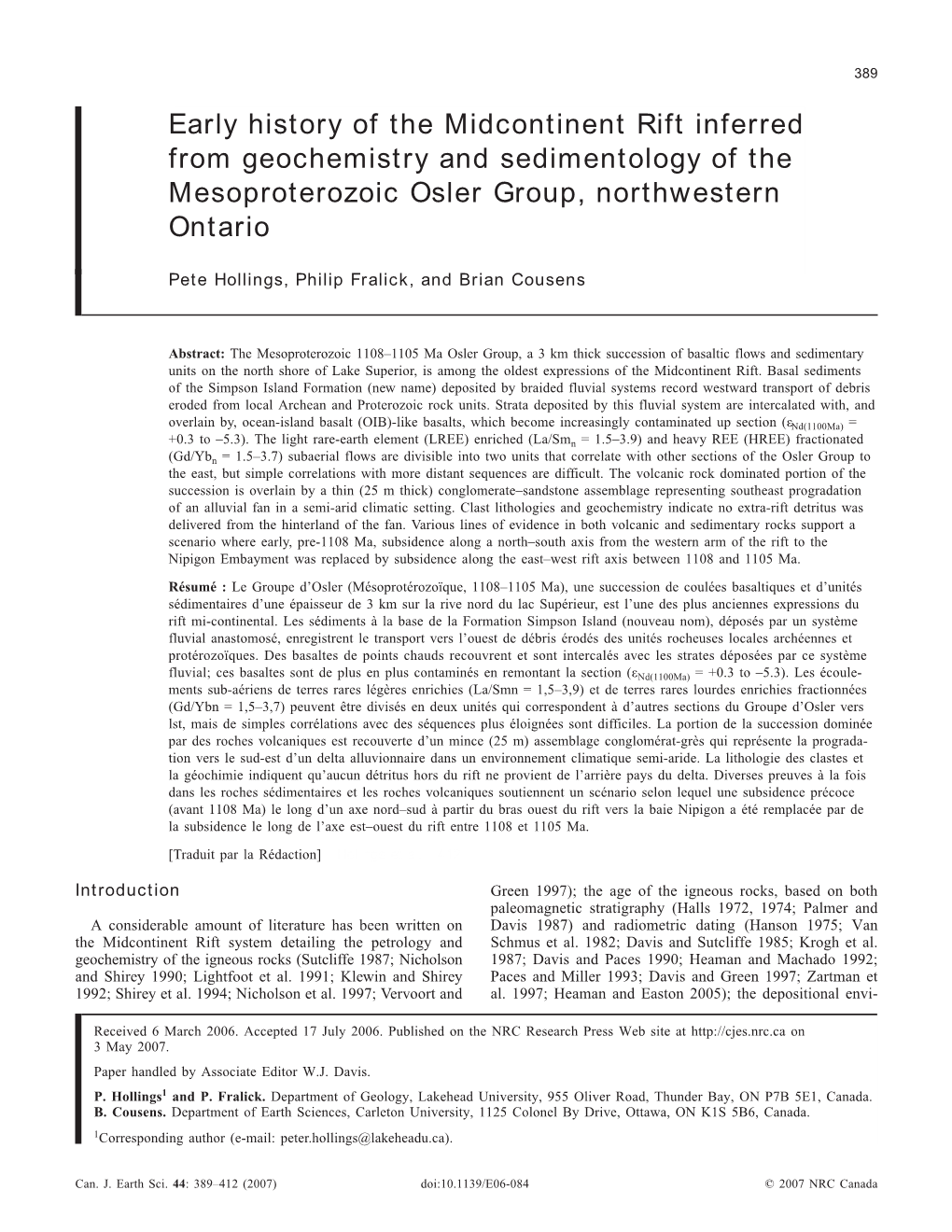 Early History of the Midcontinent Rift Inferred from Geochemistry and Sedimentology of the Mesoproterozoic Osler Group, Northwestern Ontario