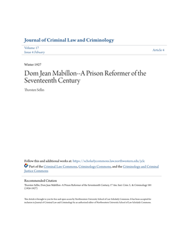 Dom Jean Mabillon--A Prison Reformer of the Seventeenth Century Thorsten Sellin