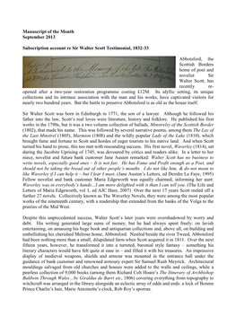 Manuscript of the Month September 2013 Subscription Account Re Sir Walter Scott Testimonial, 1832-33 Abbotsford, the Scottish Bo