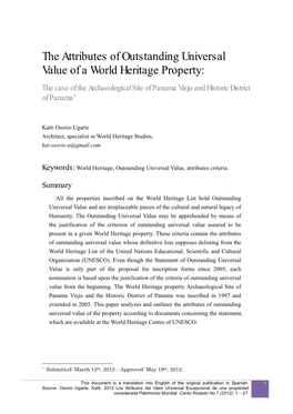 The Attributes of Outstanding Universal Value of a World Heritage Property: the Case of the Archaeological Site of Panama Viejo and Historic District of Panama*