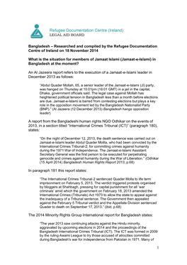 1 Bangladesh – Researched and Compiled by the Refugee Documentation Centre of Ireland on 18 November 2014 What Is the Situatio