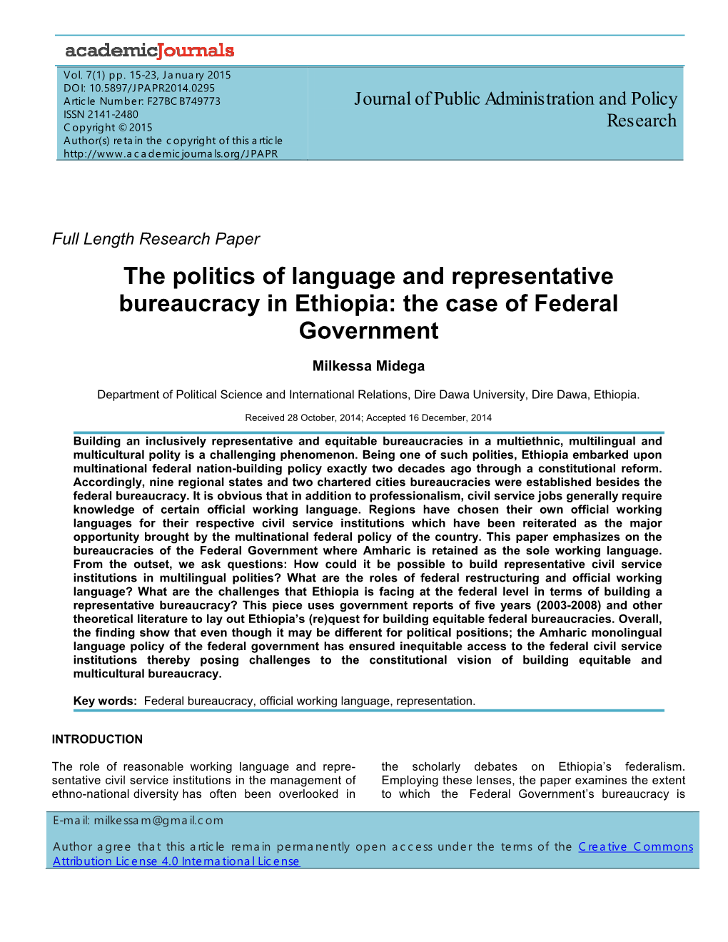 The Politics of Language and Representative Bureaucracy in Ethiopia: the Case of Federal Government