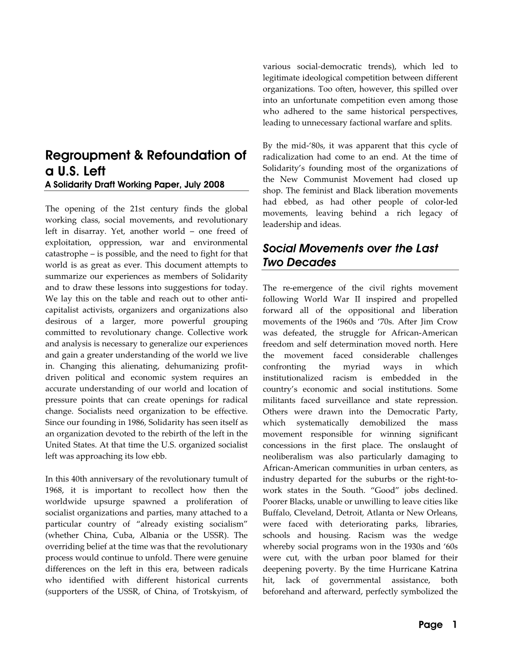 Regroupment & Refoundation of a U.S. Left