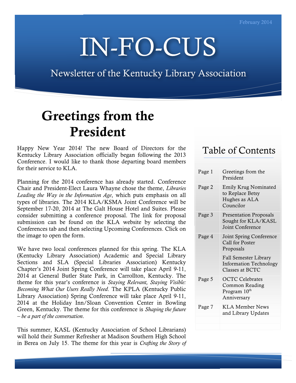 IN-FO-CUS Newsletter of the Kentucky Library Association