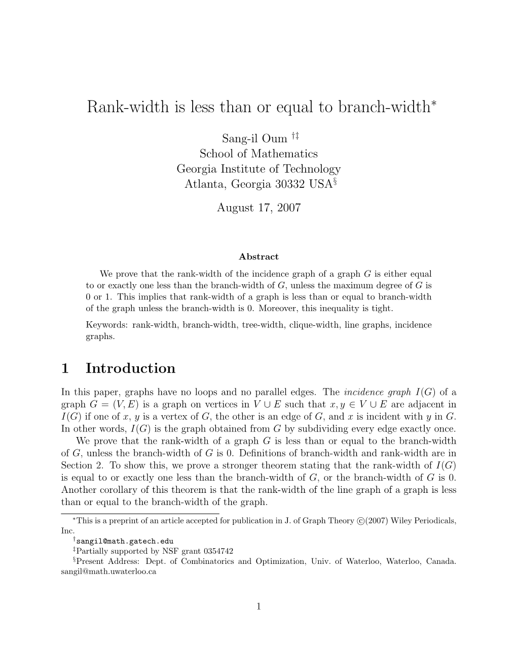 Rank-Width Is Less Than Or Equal to Branch-Width∗