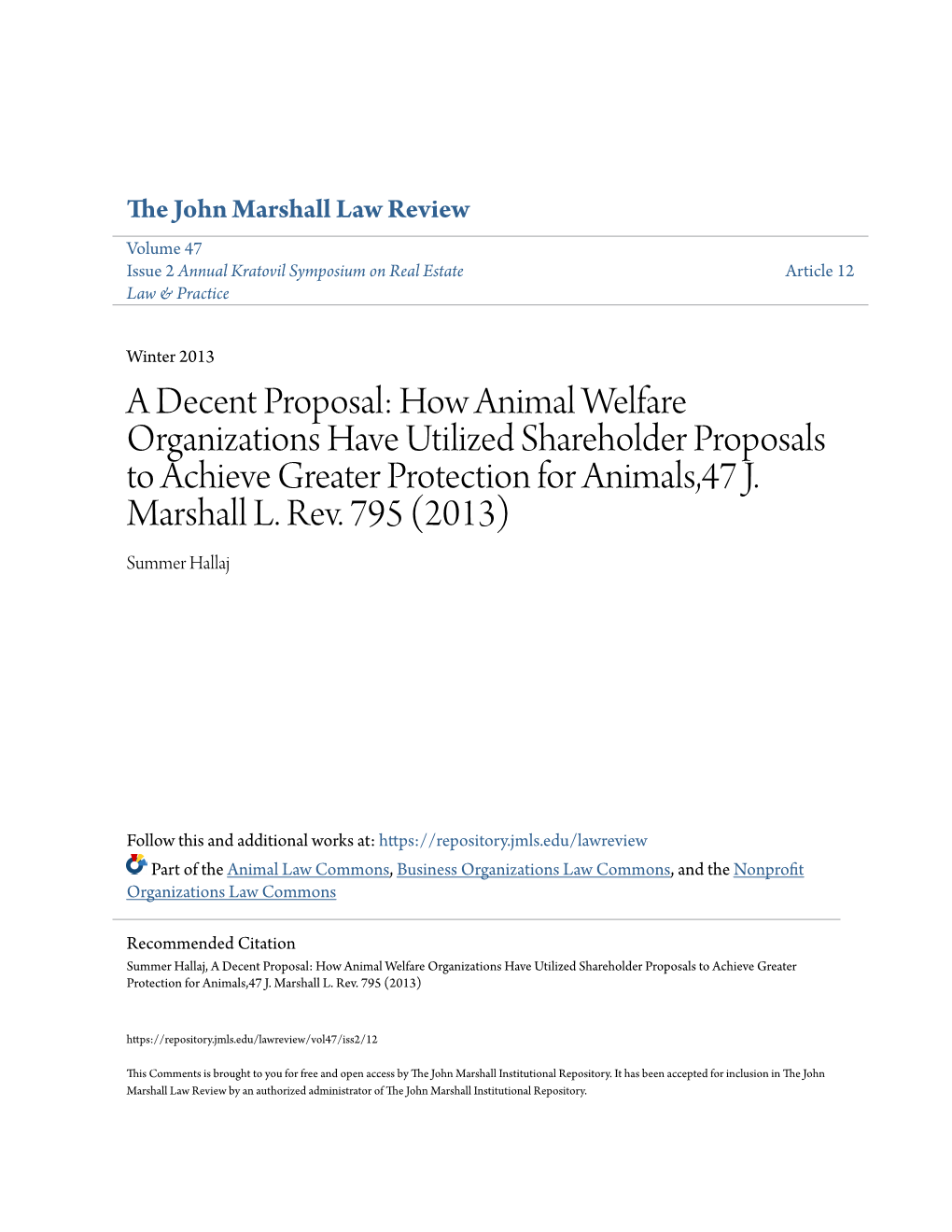 How Animal Welfare Organizations Have Utilized Shareholder Proposals to Achieve Greater Protection for Animals,47 J