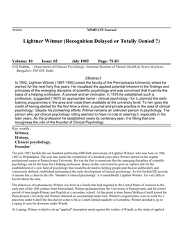 Lightner Witmer (Recognition Delayed Or Totally Denied ?)